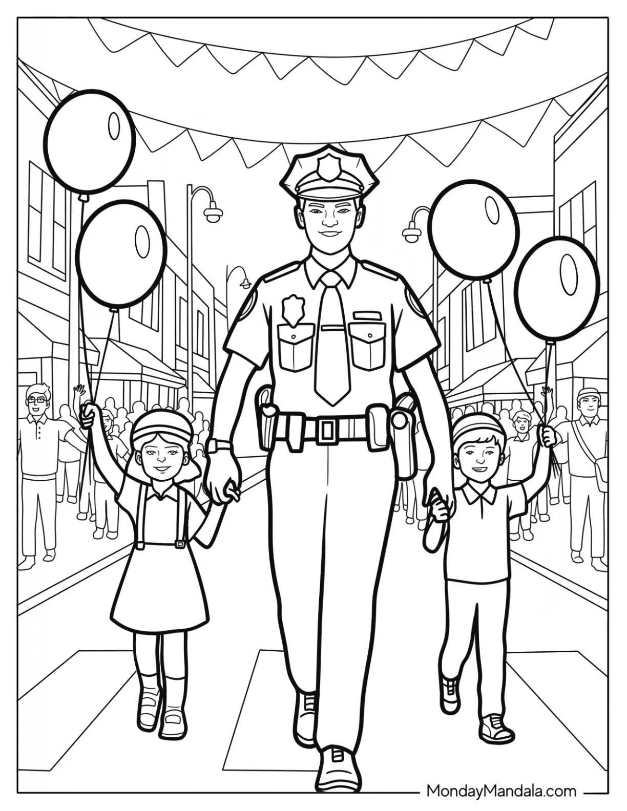Police Coloring Page Officer Walking with Kids at Community Parade coloring page — printable line art