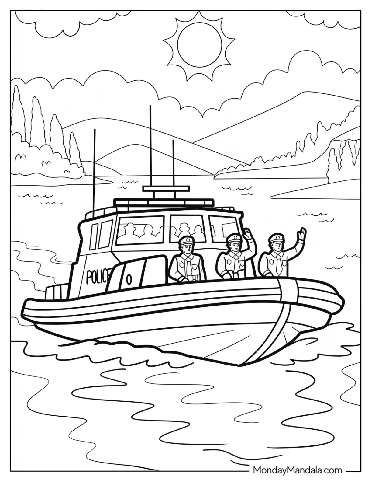 Police Coloring Page Patrol Boat with Officers on River Duty coloring page — printable line art