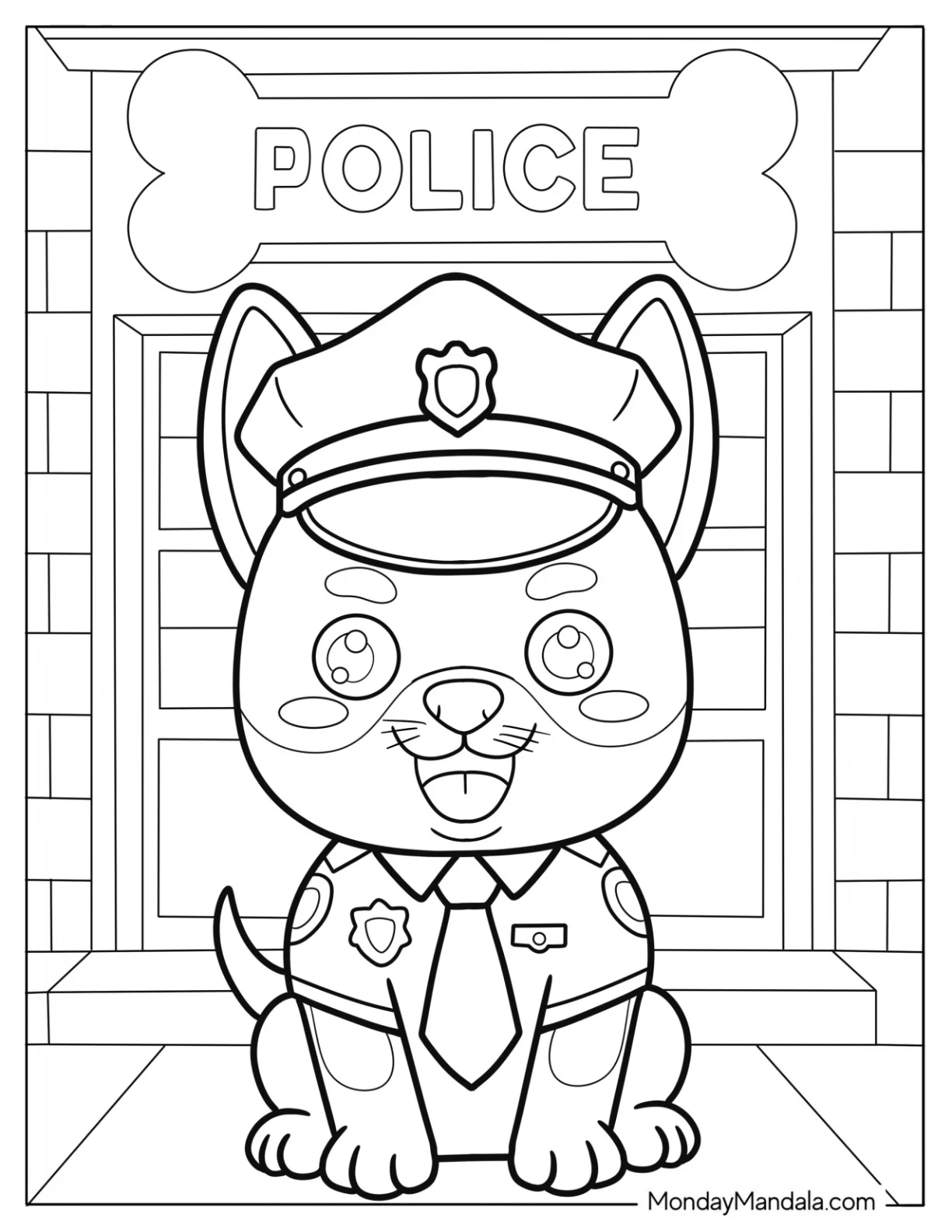Police Coloring Page Puppy in Uniform at Headquarters for Kids coloring page — printable line art