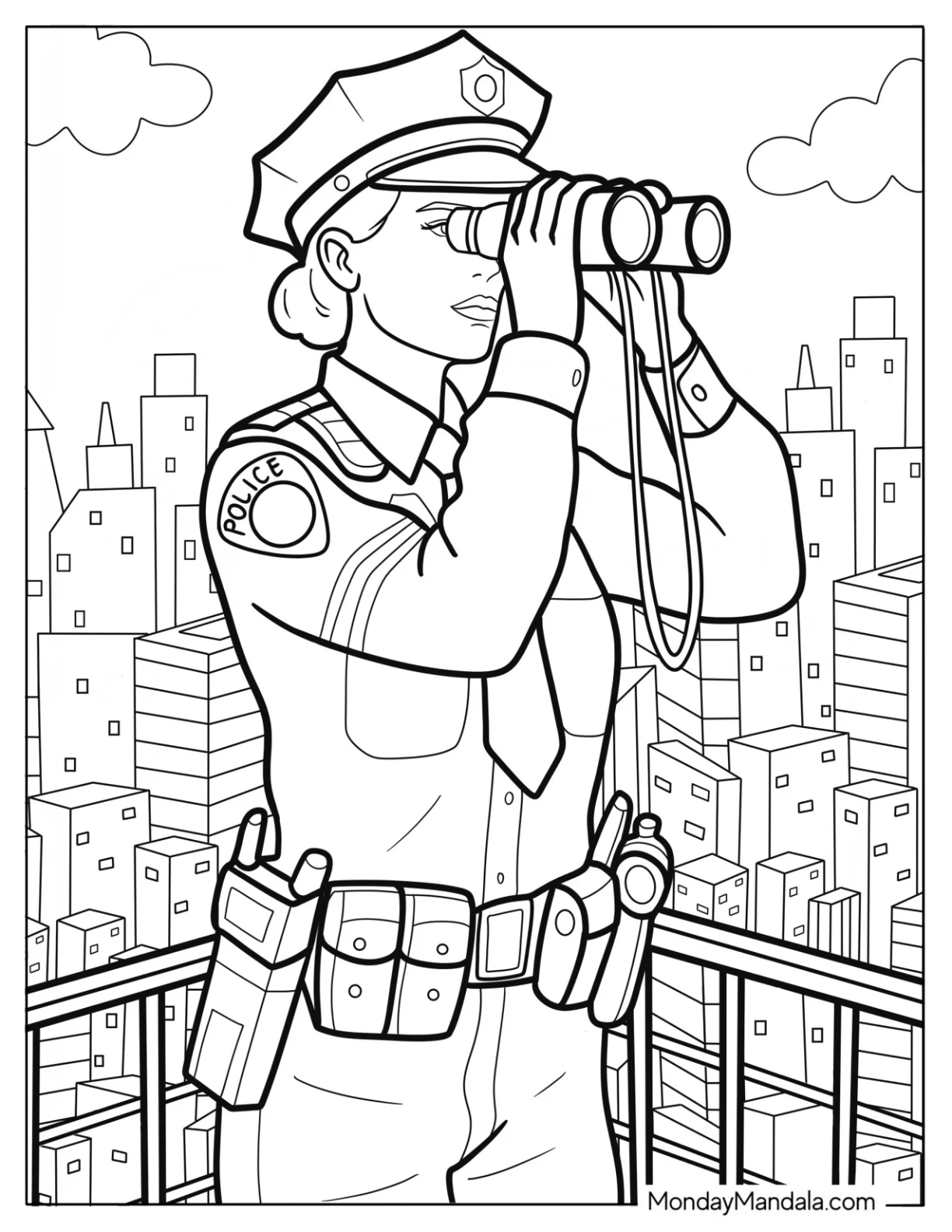 Police Coloring Page Scanning City Skyline with Binoculars coloring page