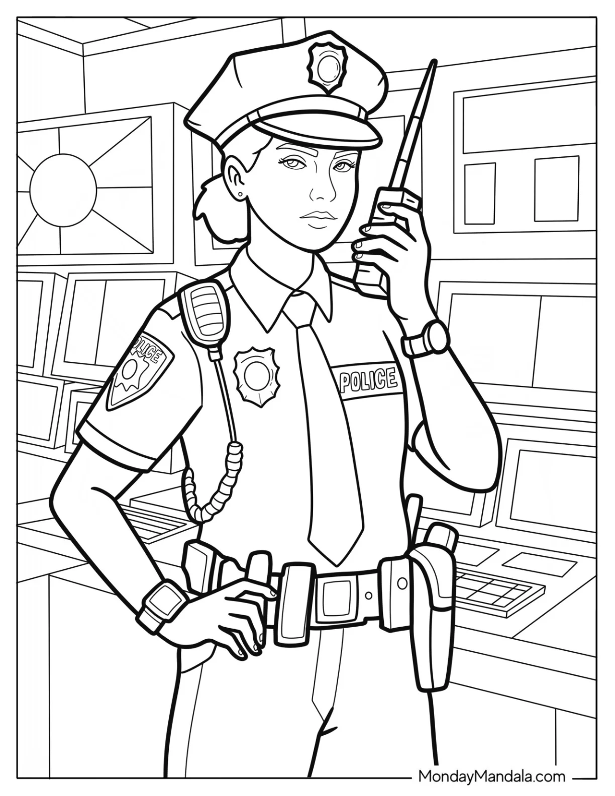 Police Coloring Page with Radio in Security Monitoring Room coloring page — printable line art