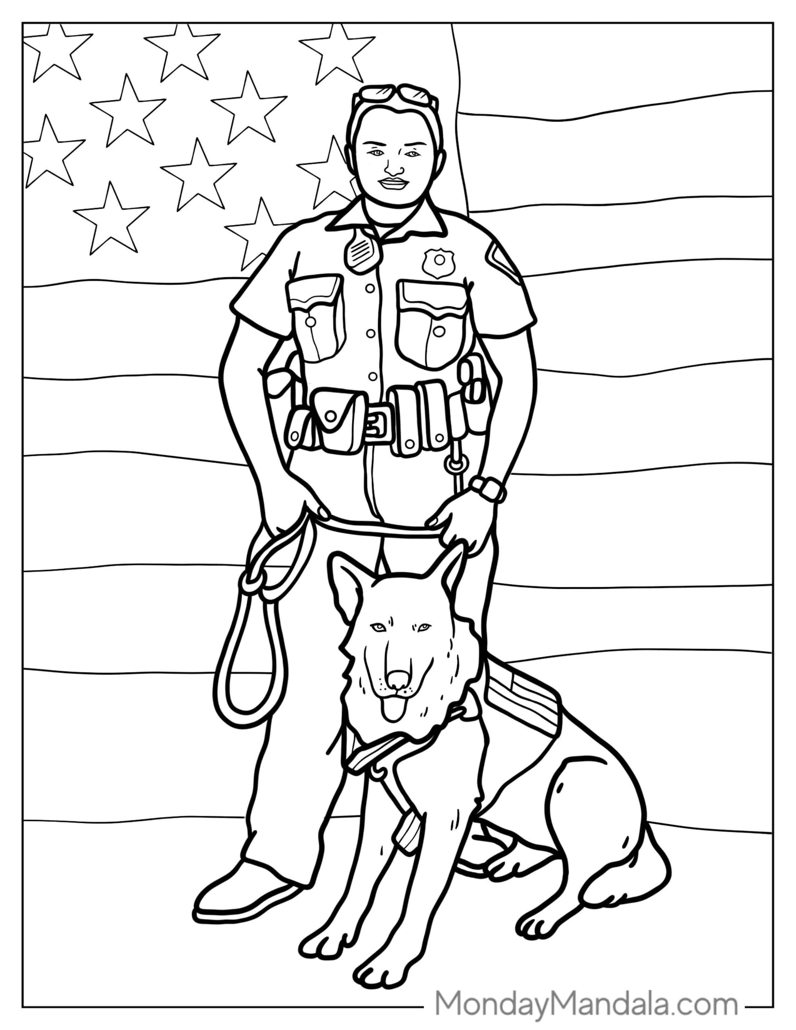 Police K-9 Unit With American Flag To Color coloring page