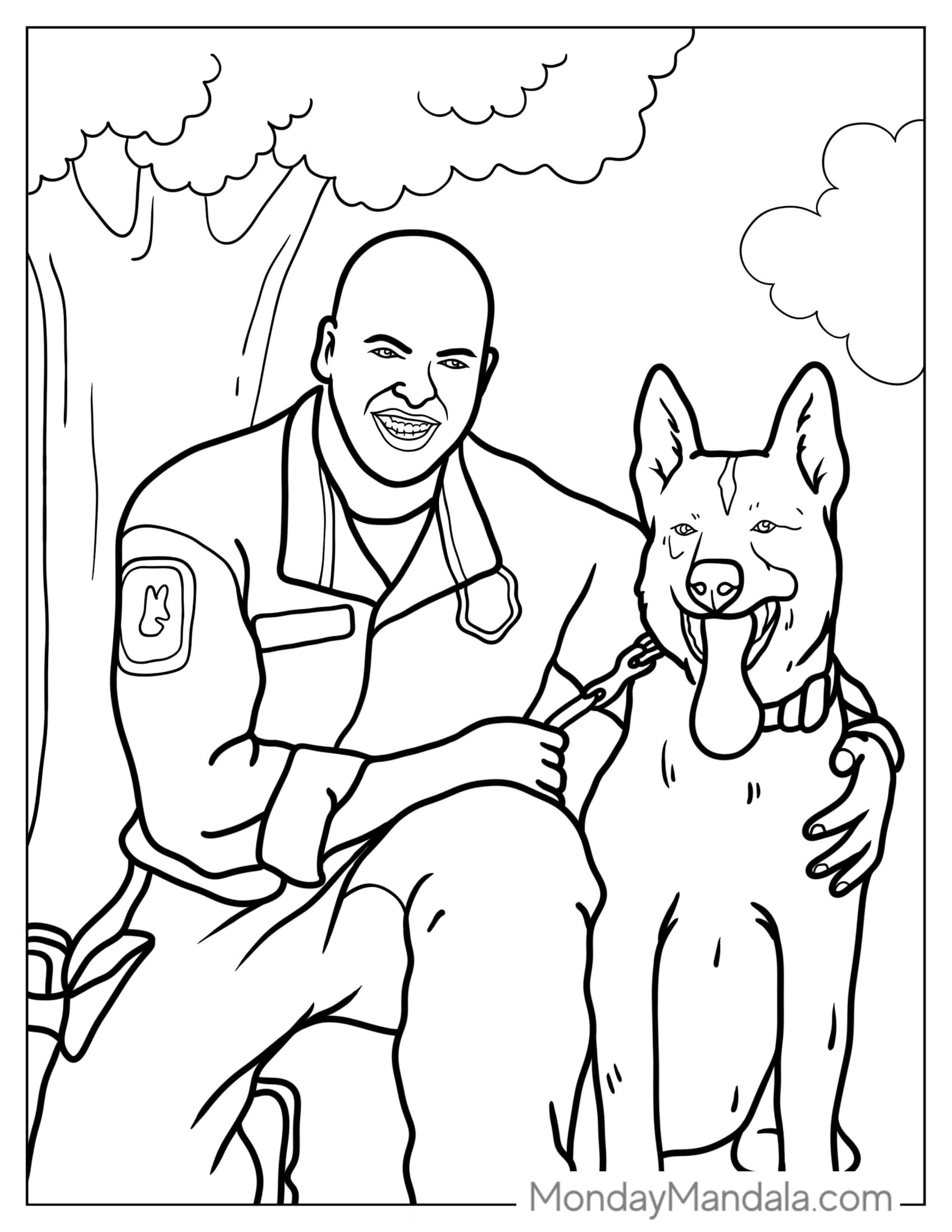 Police Man With Police Dog To Color coloring page — printable line art