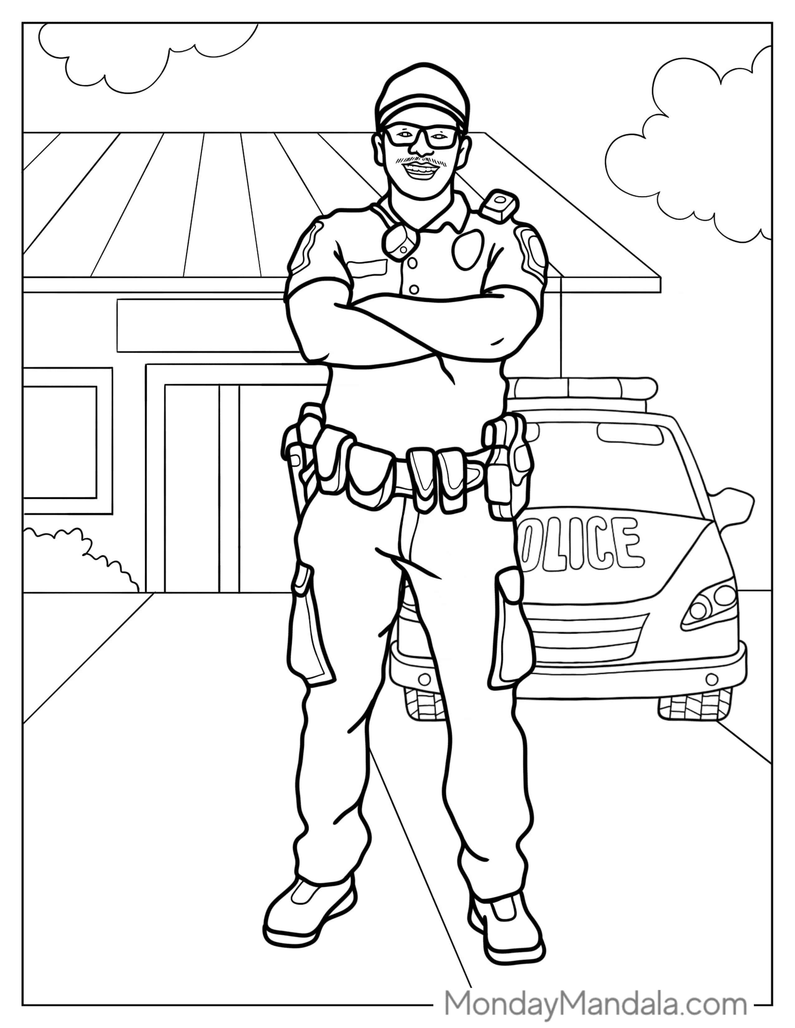Police Officer In Front Of Police Station To Color coloring page — printable line art