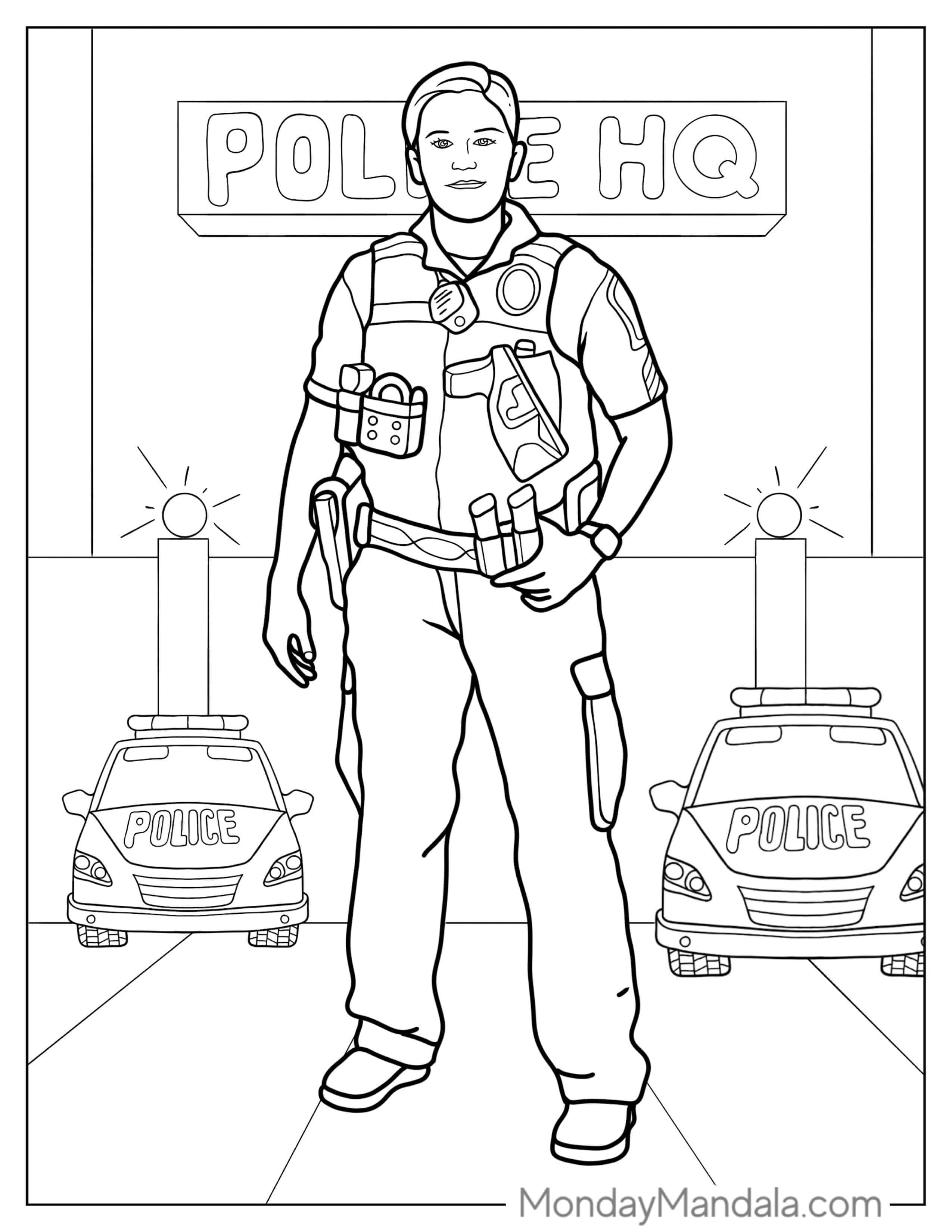 Police Woman In Front Of Police Station To Color coloring page