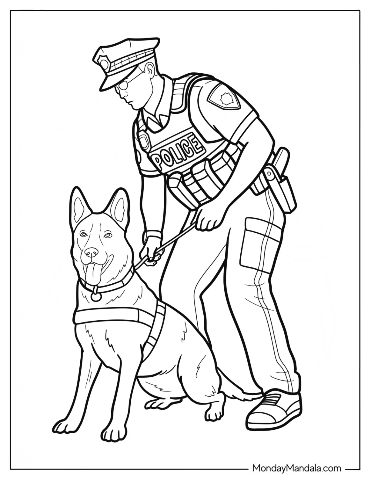 Realistic Police Coloring Page with K9 Unit on Duty coloring page