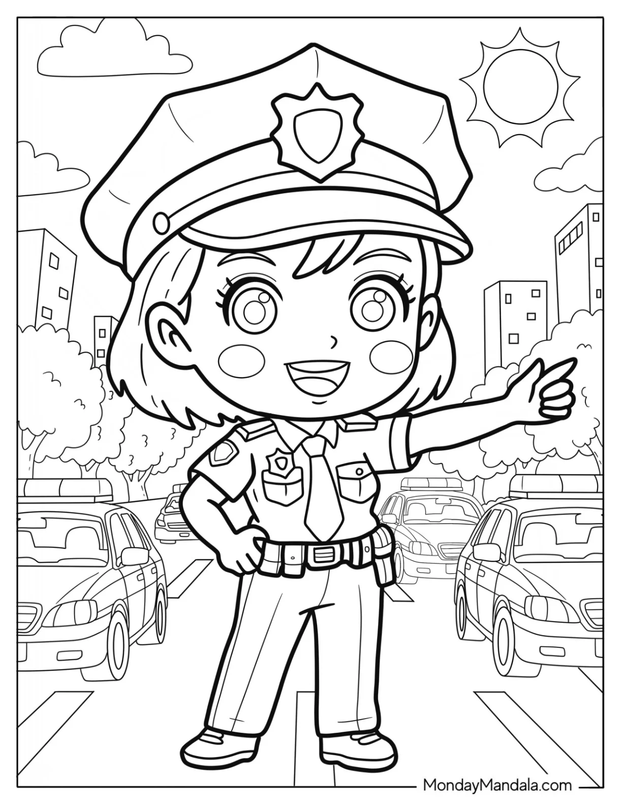 Smiling Traffic Police Coloring Page Directing Cars for Kids coloring page — printable line art
