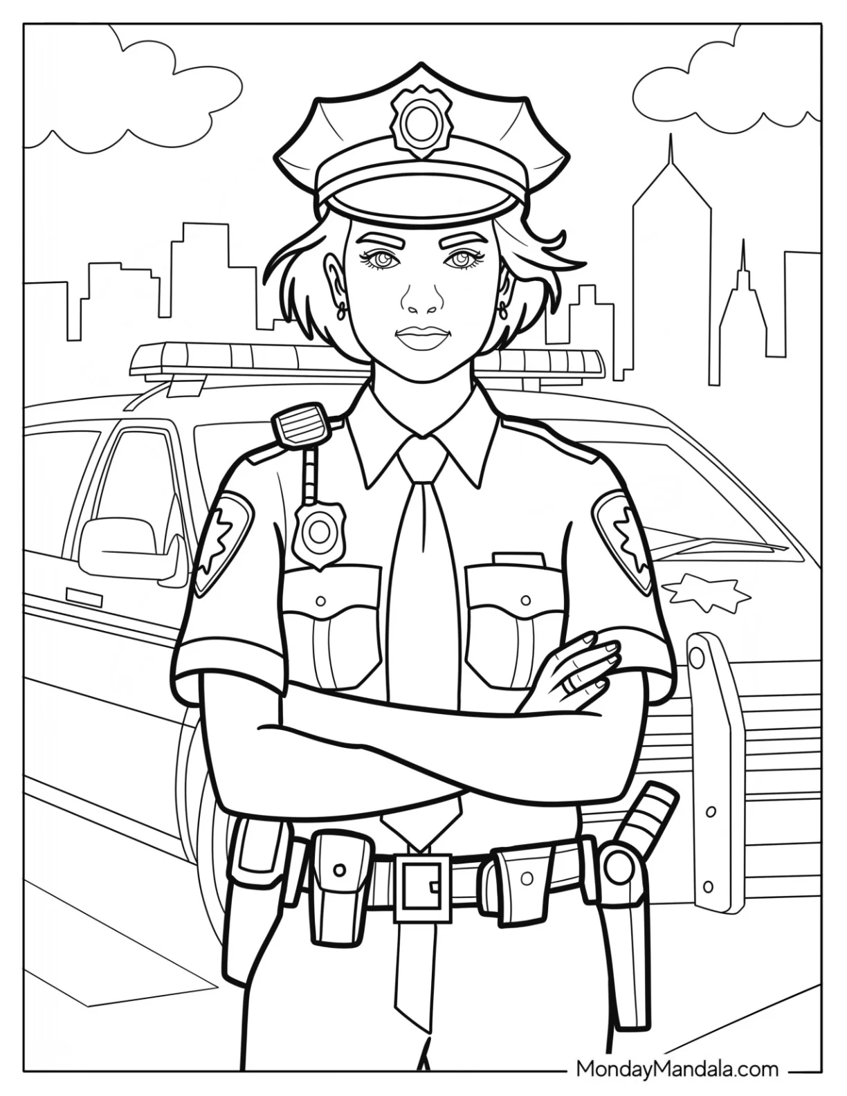 Woman Police Coloring Page on Duty in Front of Squad Car coloring page