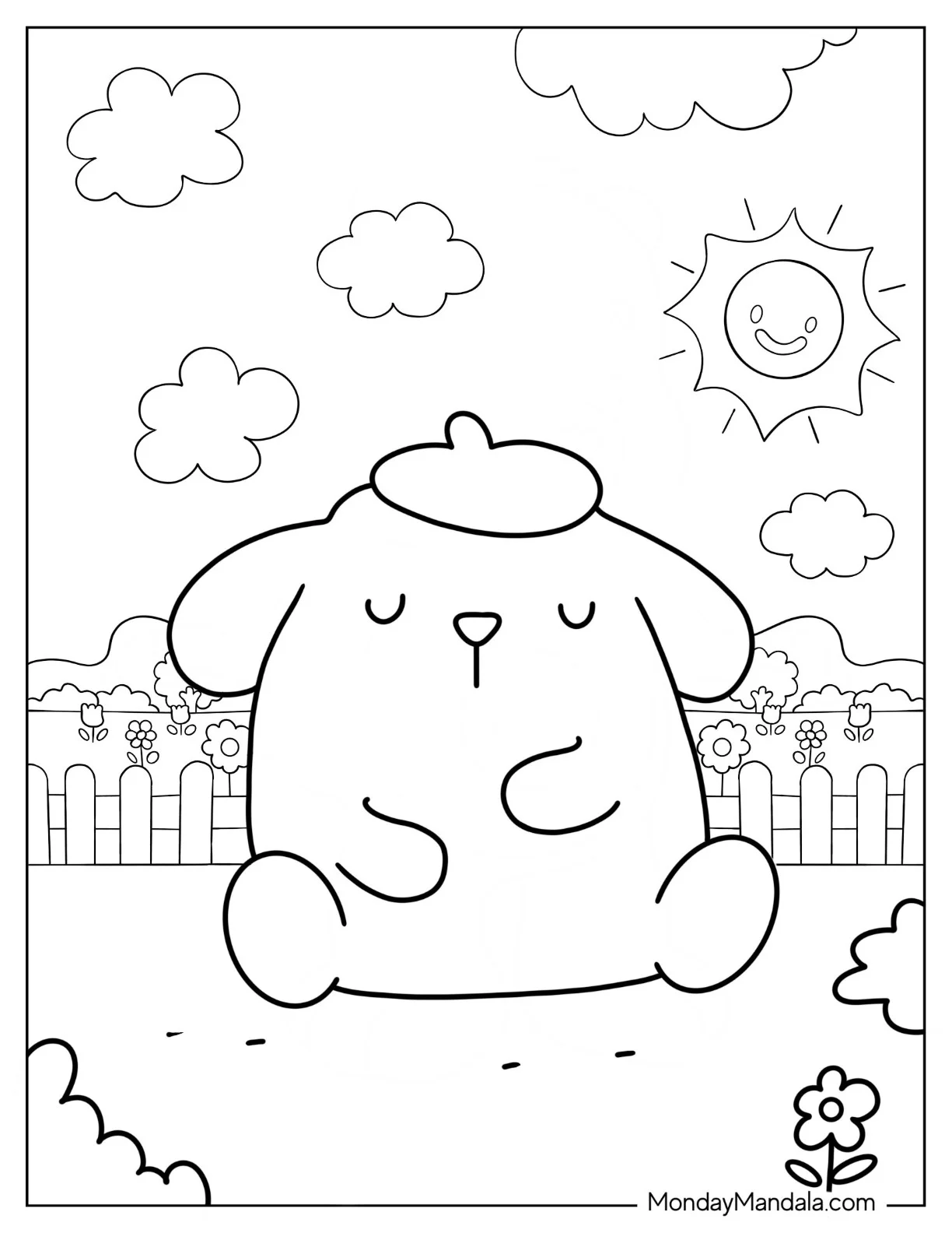 Cute Pompompurin Sleeping In Garden Coloring Sheet coloring page