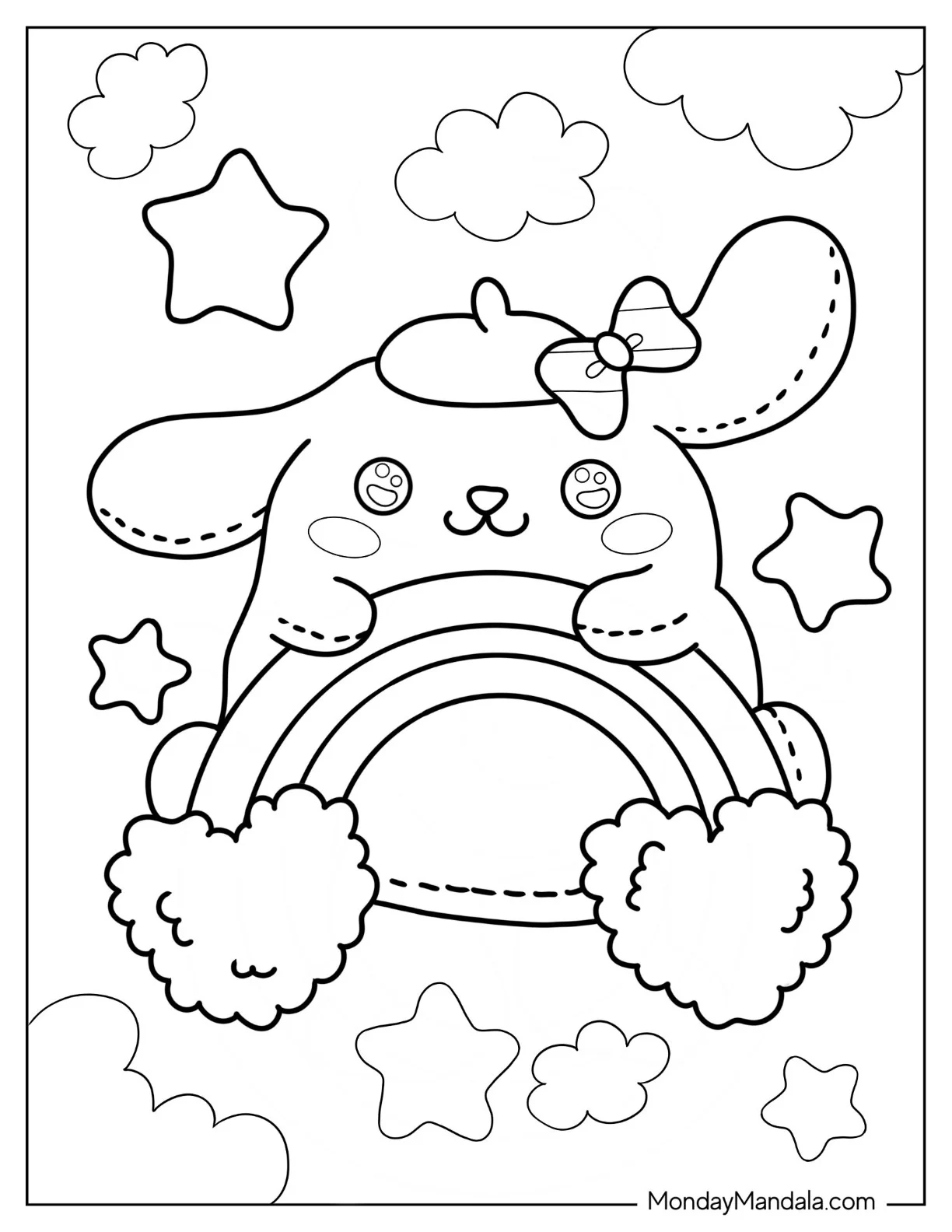 Cute Toy Pompompurin Hugging Rainbow coloring page