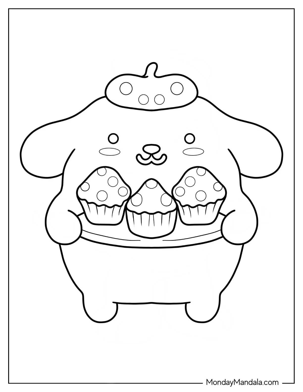 Kawaii Pompompurin Serving Cupcakes Coloring Page coloring page
