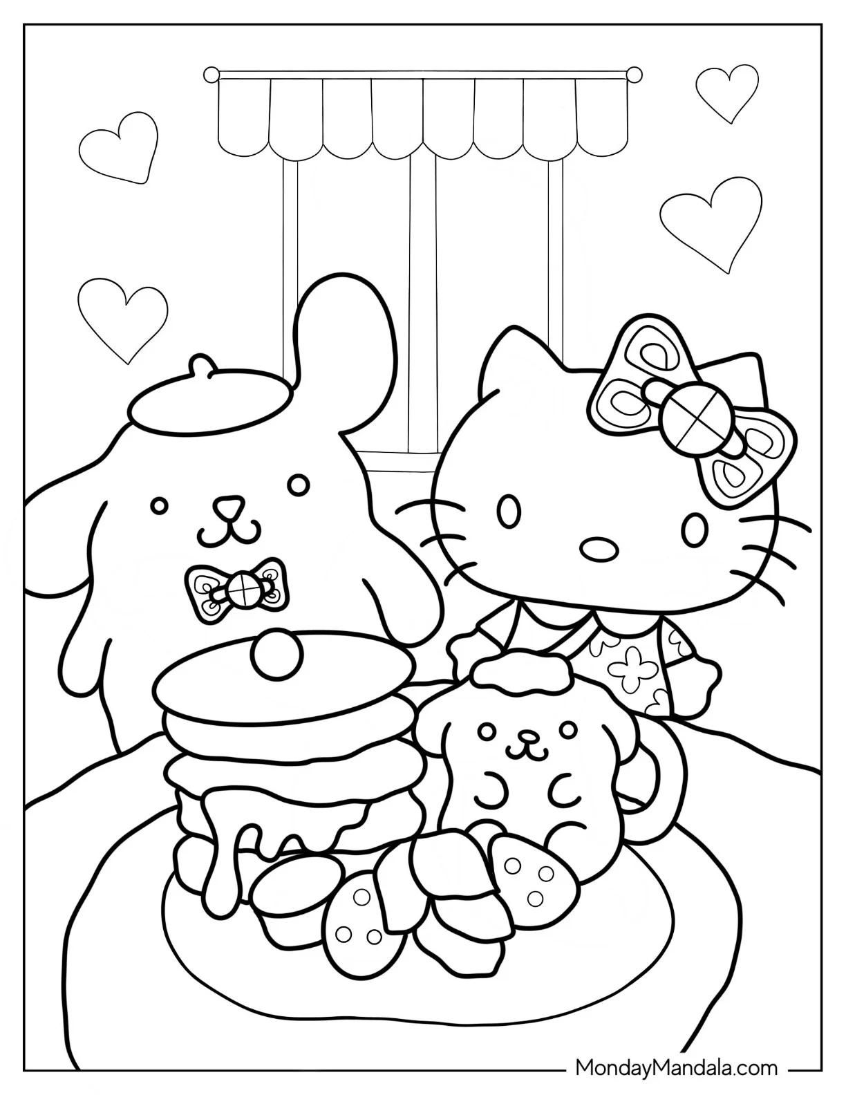 Pompompurin Eating Cake With Hello Kitty Coloring Sheet coloring page
