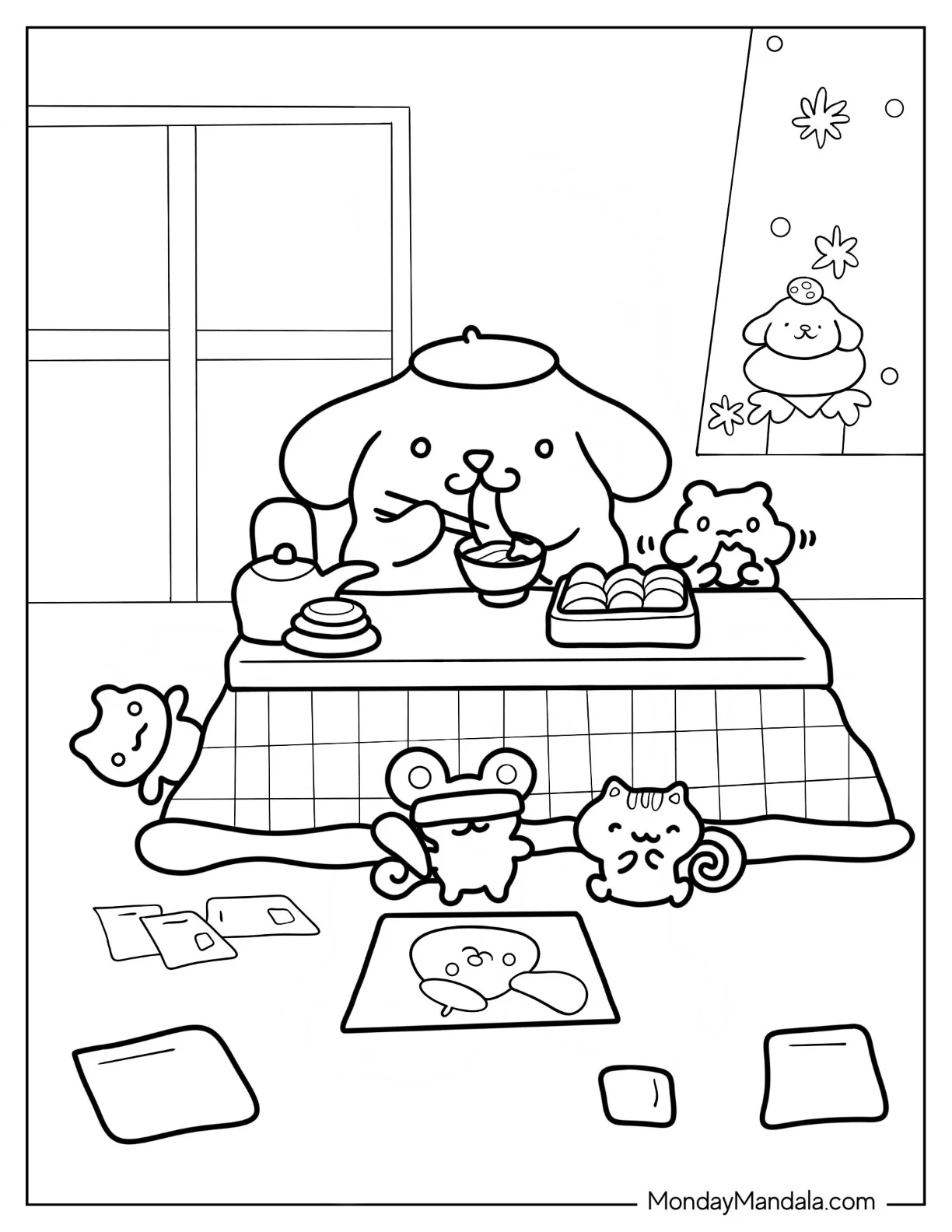 Pompompurin Eating Noodles With Muffin coloring page