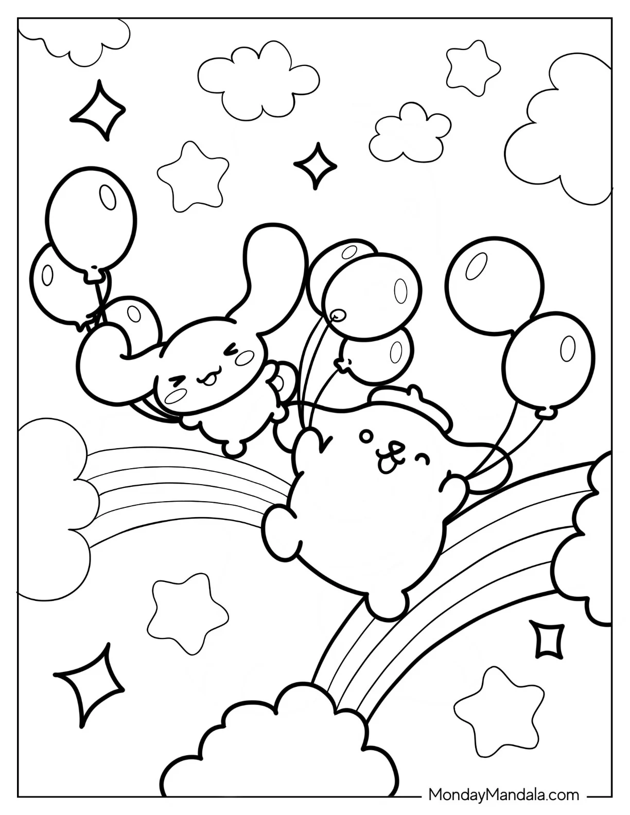 Pompompurin With Cinnamon Flying With Balloons coloring page