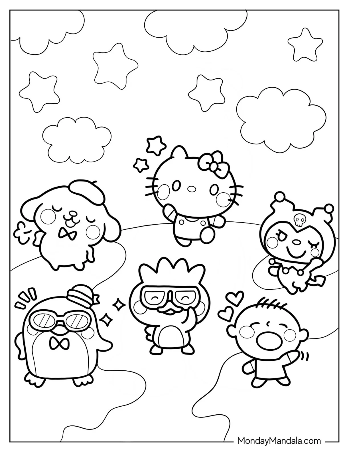 Purin, Hello Kitty, Kuromi, Badte Maru, Tuxedo Sam, And Minna No Tabo coloring page