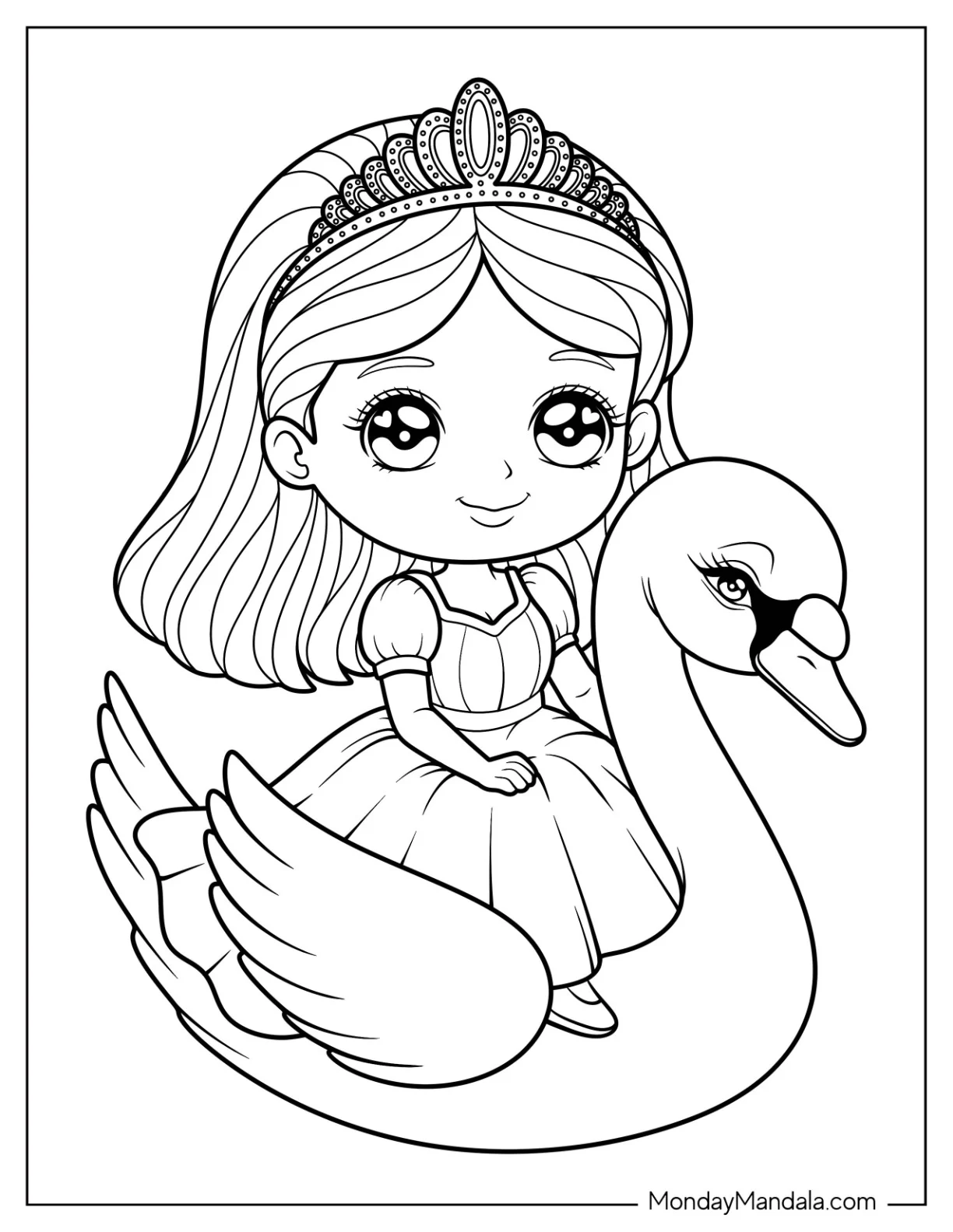 Adorable Princess Coloring Page with Tiara Riding Swan for Kids coloring page — printable line art