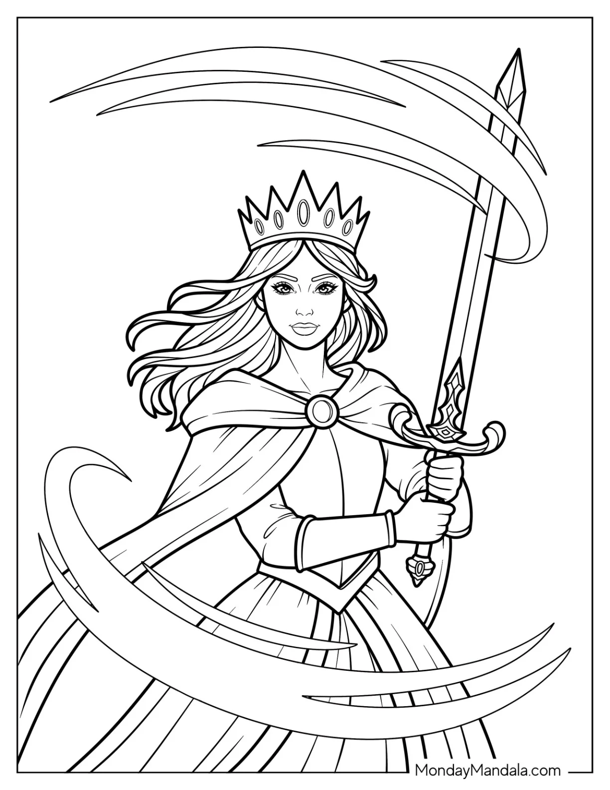 Brave Princess Coloring Page in Crown Wielding Sword coloring page