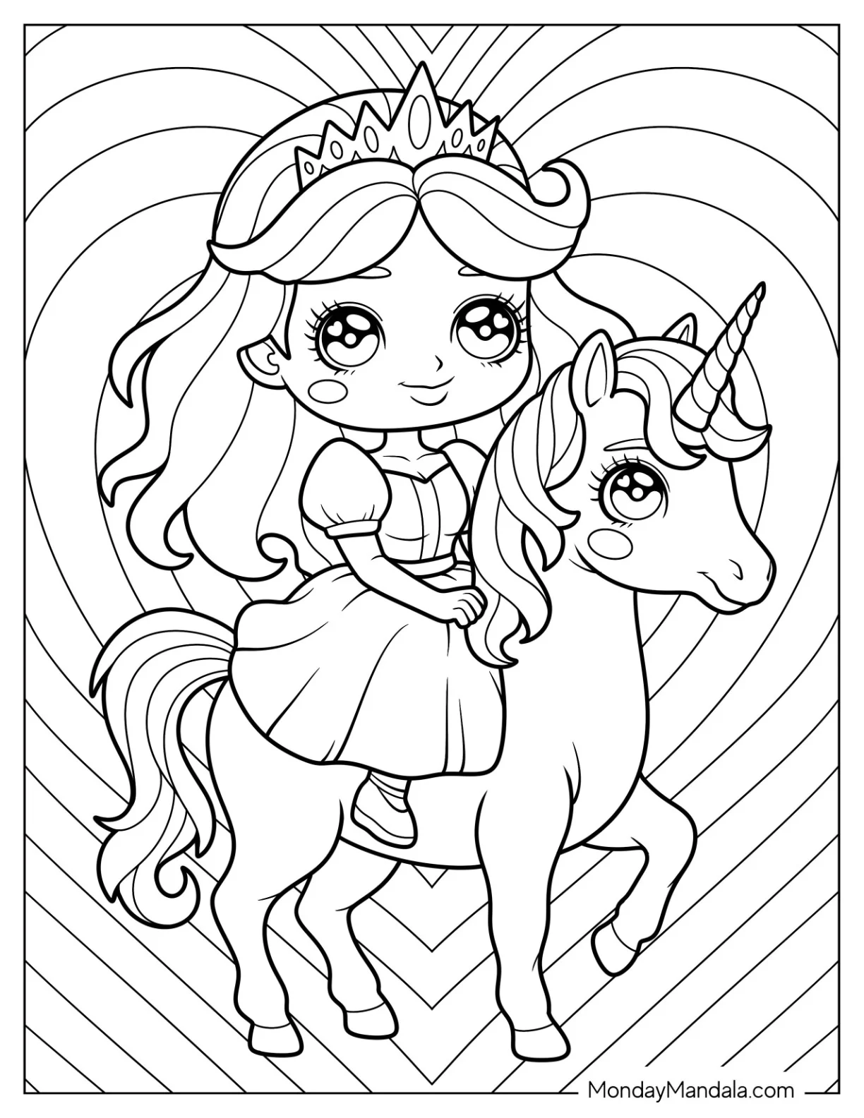 Chibi Princess Coloring Page Riding Unicorn with Heart Background for Kids coloring page