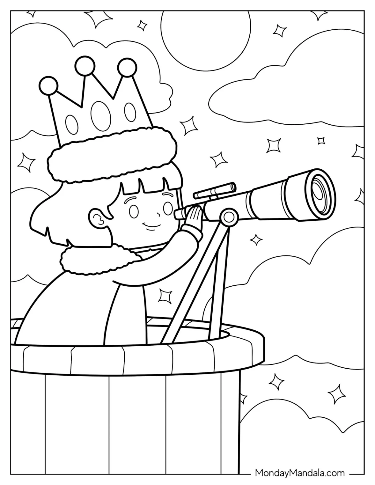 Curious Princess Coloring Page with Crown Looking Through Telescope at Stars for Kids coloring page — printable line art