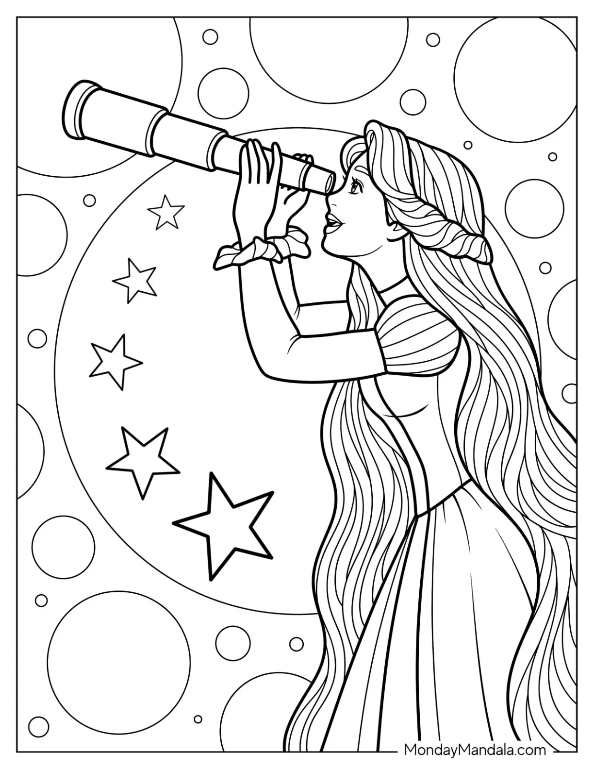 Dreamy Princess Coloring Page with Long Flowing Hair Stargazing coloring page