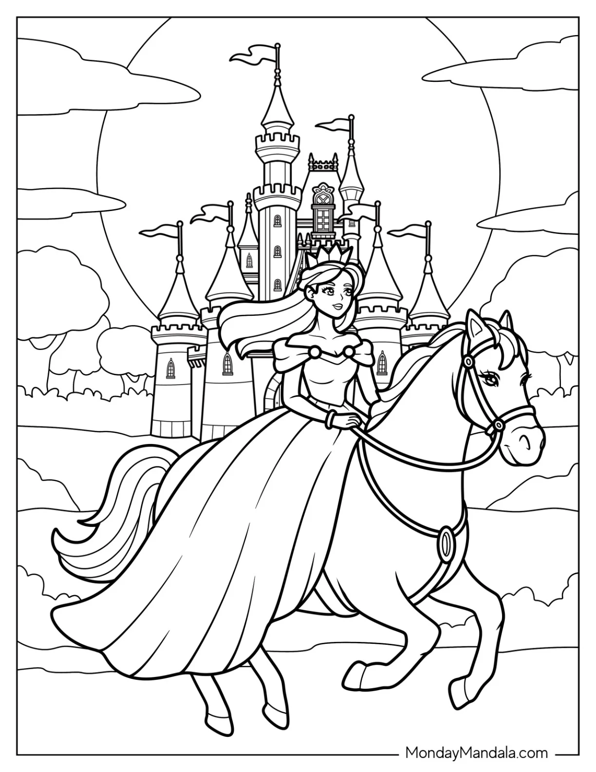 Elegant Princess Coloring Page Riding Horse Past Majestic Castle coloring page — printable line art