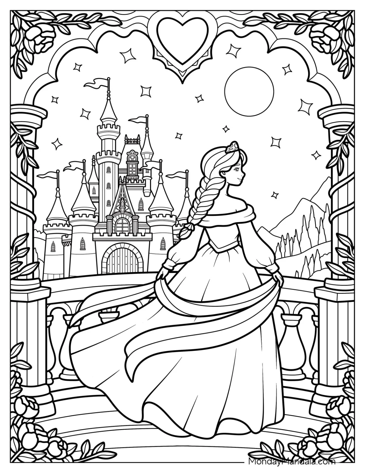 Enchanting Princess Coloring Page Gazing at Castle Under Starry Sky coloring page