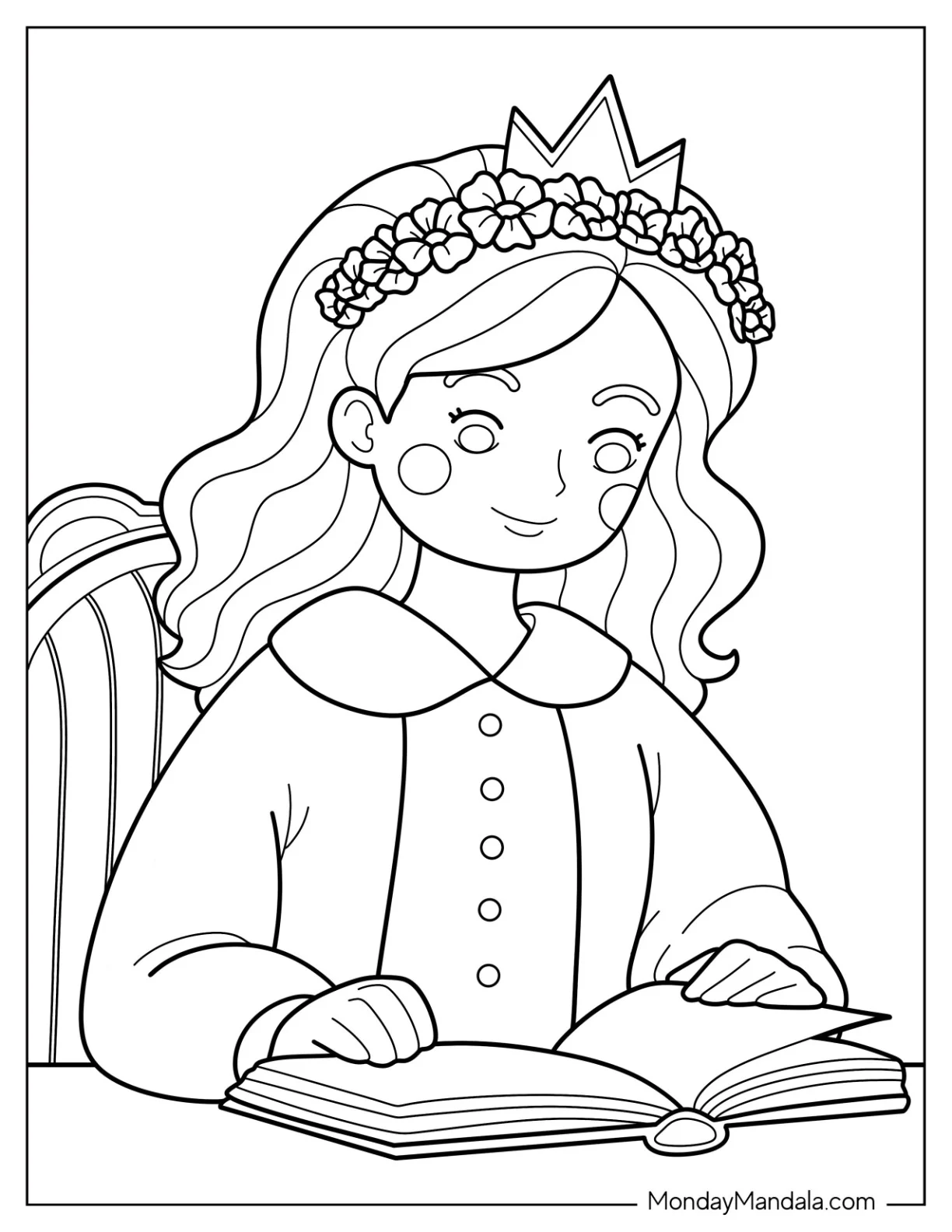 Gentle Princess Coloring Page with Flower Crown Studying at Desk for Kids coloring page