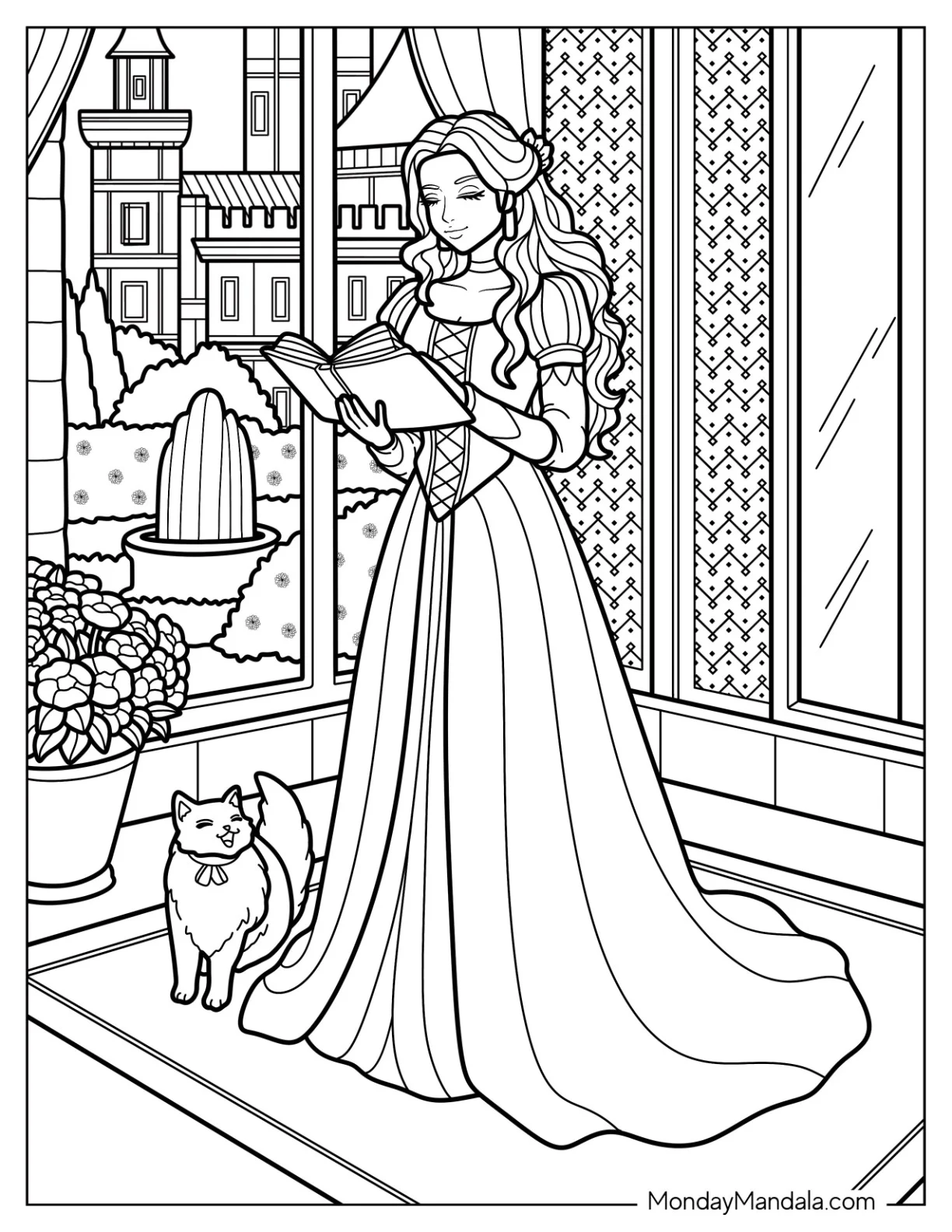 Graceful Princess Coloring Page Standing with Cat While Reading in Castle coloring page — printable line art