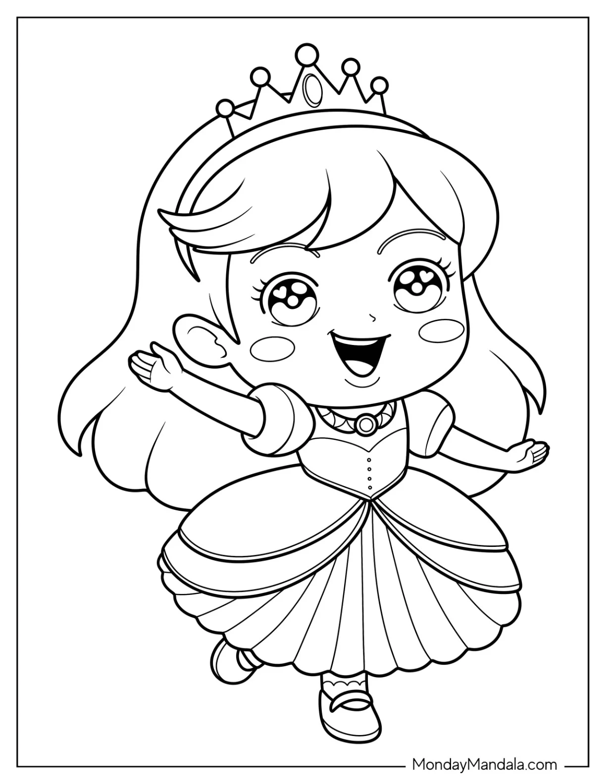 Happy Little Princess Coloring Page Dancing in Crown and Dress for Preschoolers coloring page