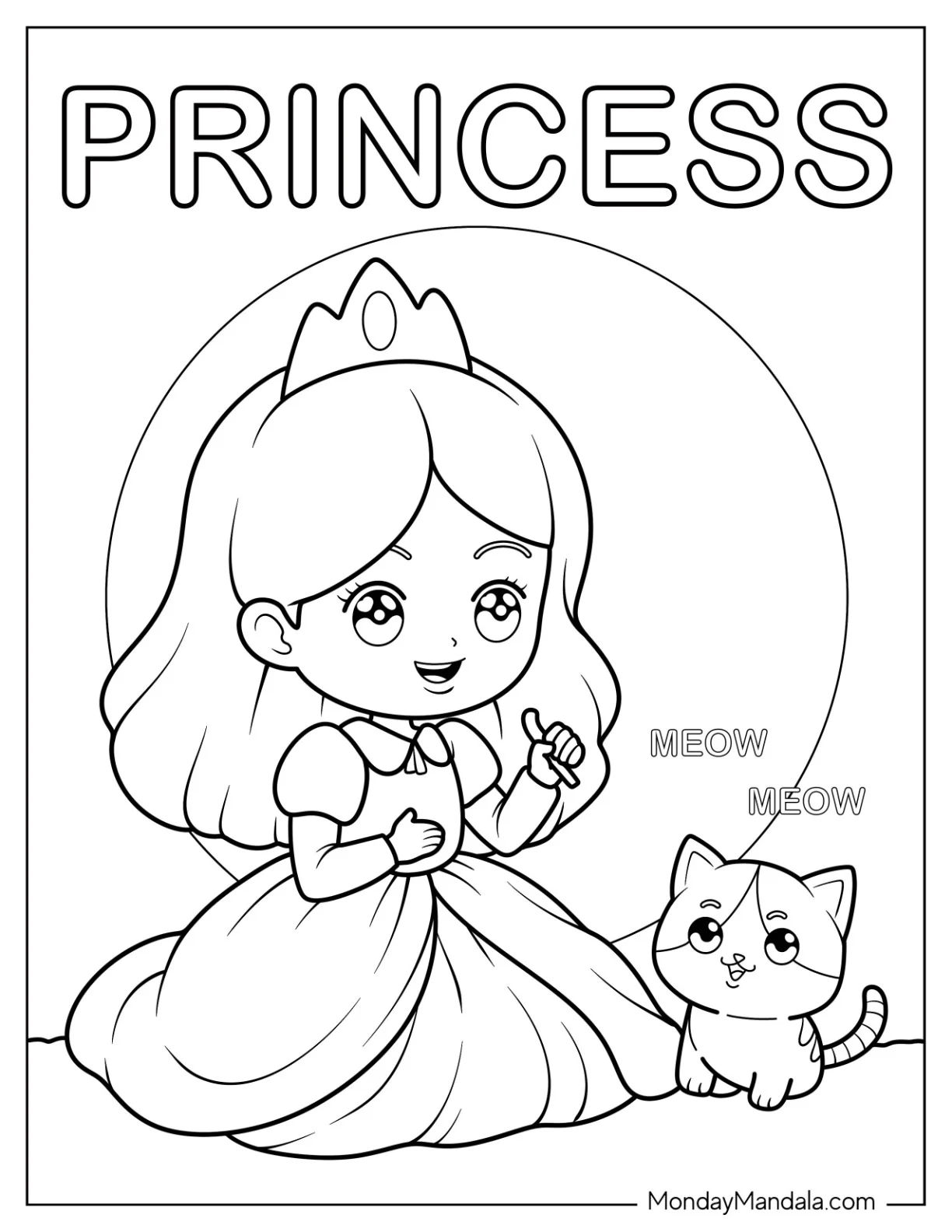 Lovely Princess with Crown and Her Meowing Cat Coloring Sheet coloring page — printable line art