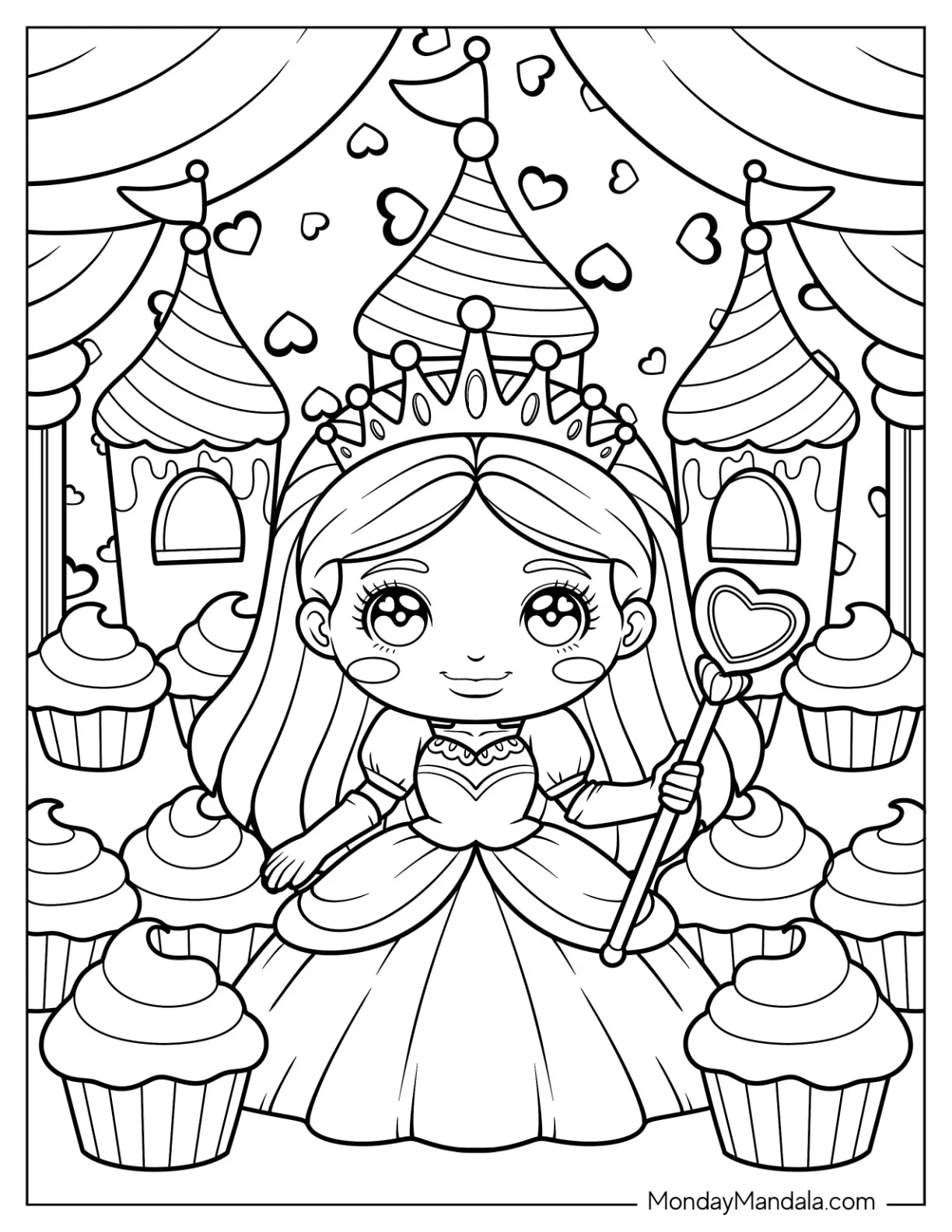 Magical Princess Coloring Page with Crown and Heart Scepter Surrounded by Cupcakes for Kids coloring page