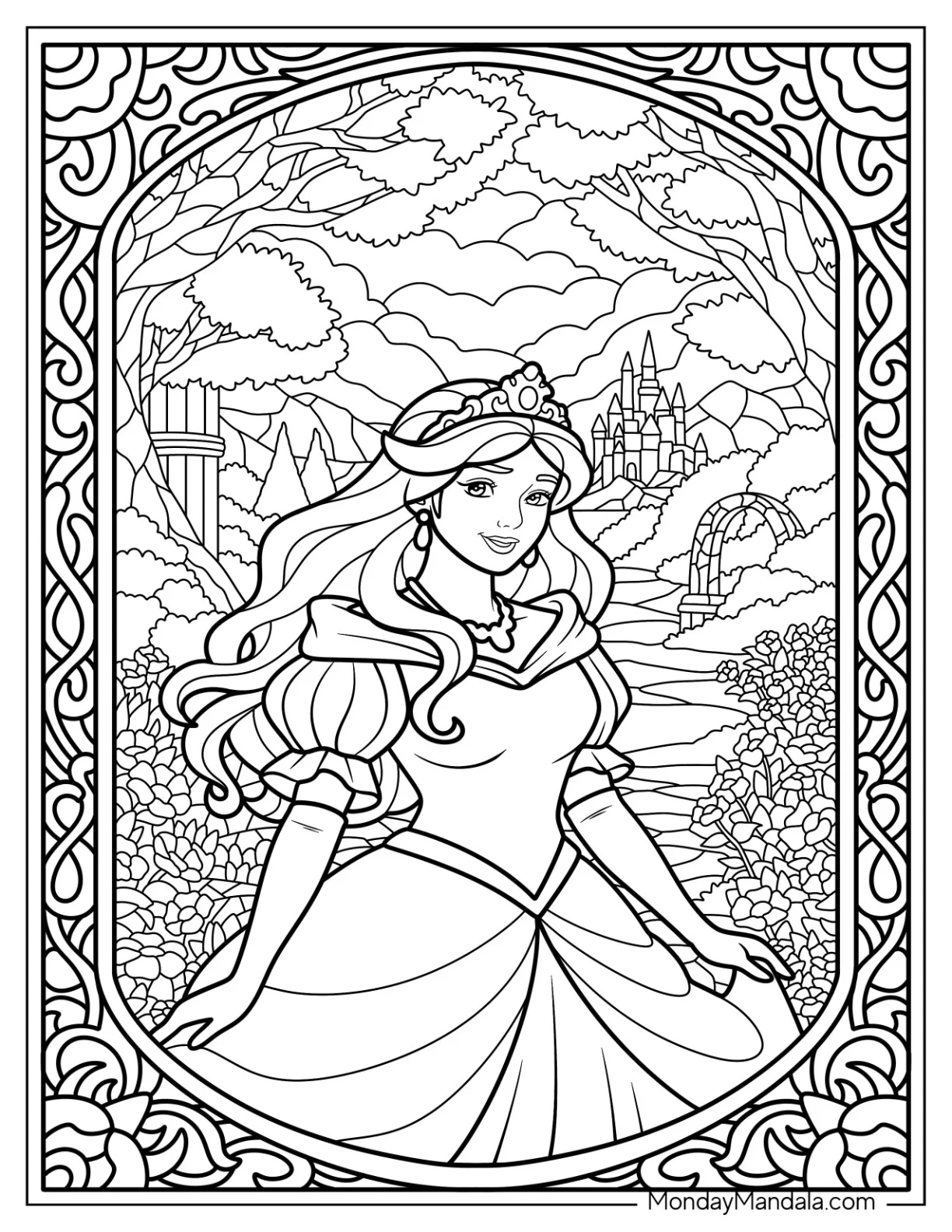 Majestic Princess Coloring Page in Fairytale Garden with Castles and Hills coloring page