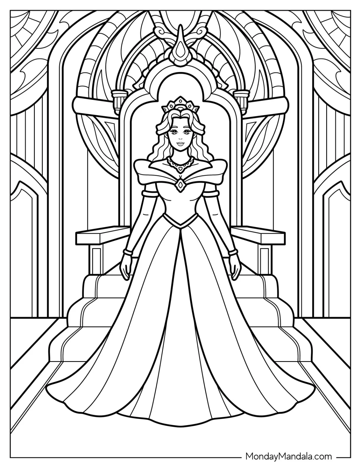 Noble Princess Coloring Page in Flowing Dress Inside Castle Hall coloring page — printable line art