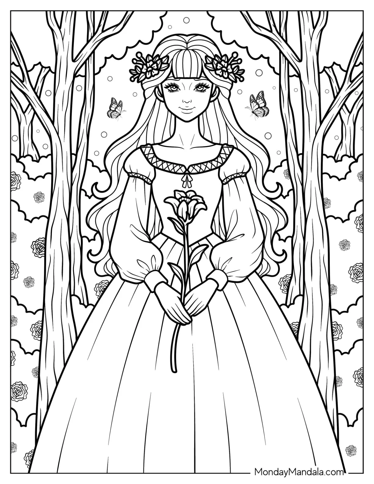 Princess Coloring Page Holding Lily with Flower Crown in Forest coloring page