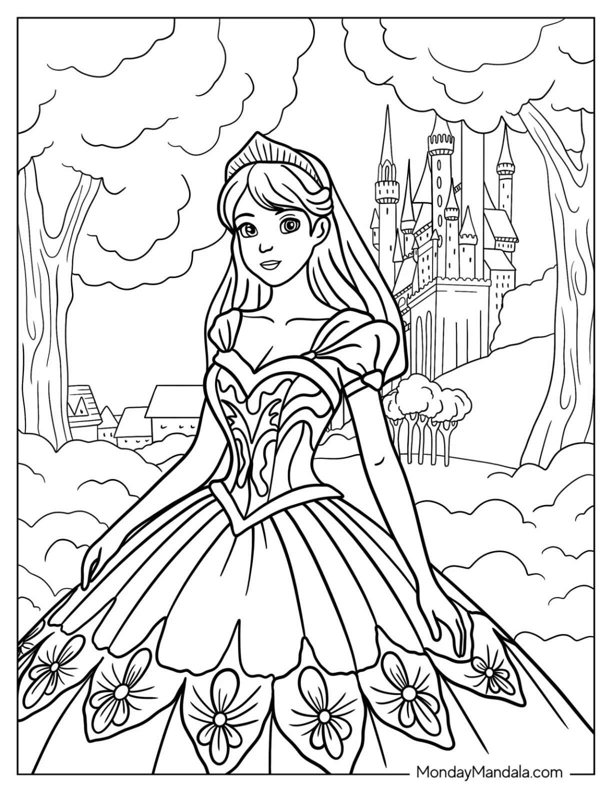 Princess Coloring Page In Wedding Dress In Front Of Castle coloring page — printable line art