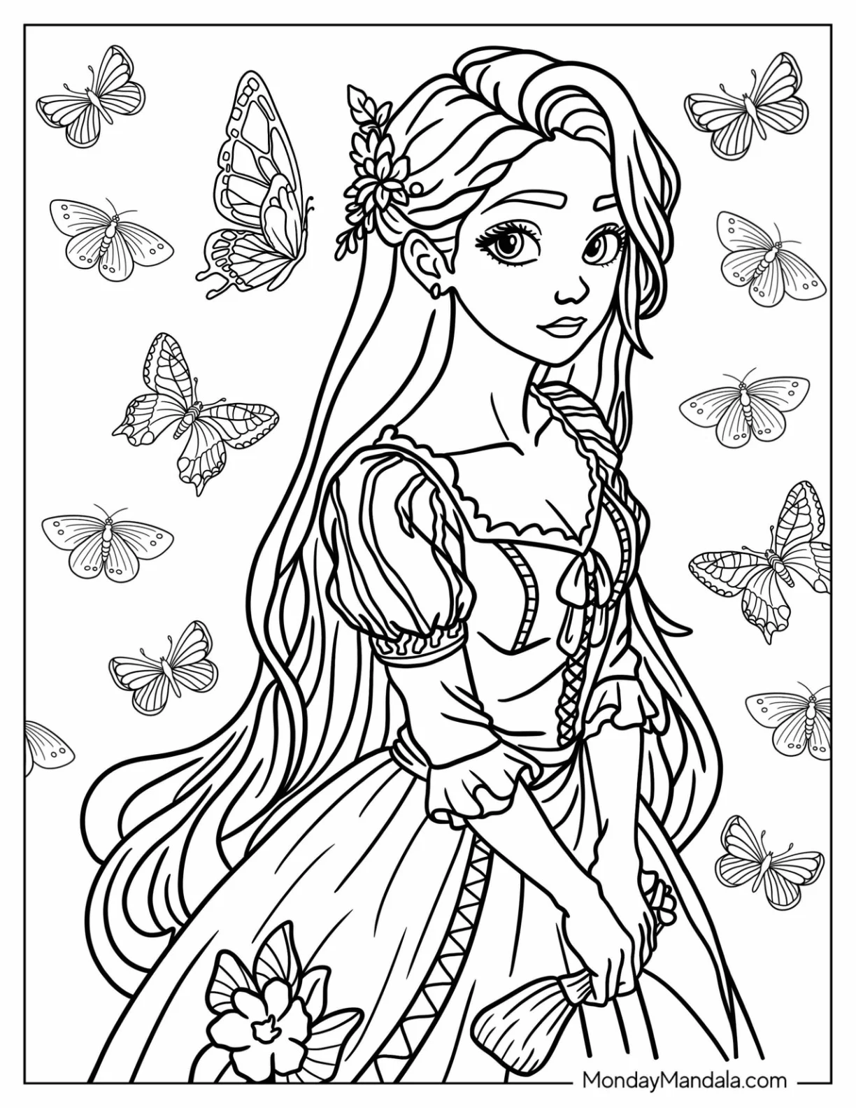 Princess Coloring Page Of Anime Rapunzel With Butterflies coloring page