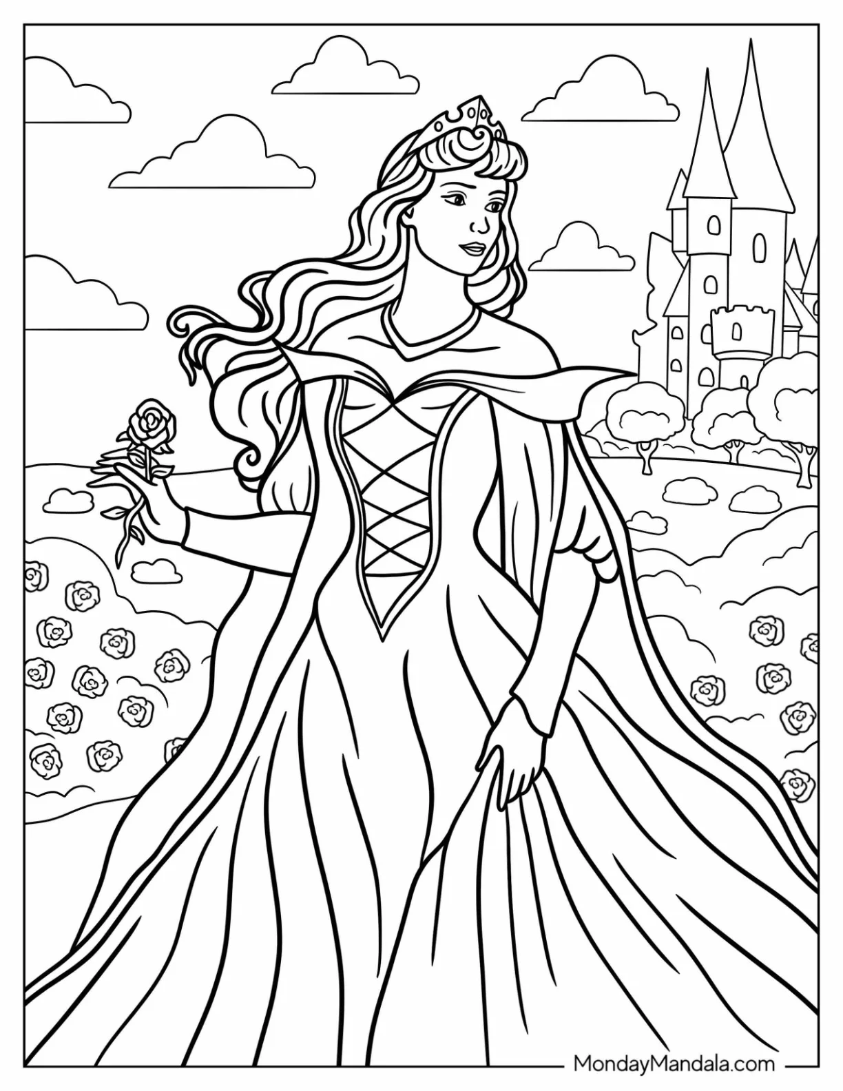 Princess Coloring Page Of Aurora Holding Rose Outside Castle coloring page — printable line art