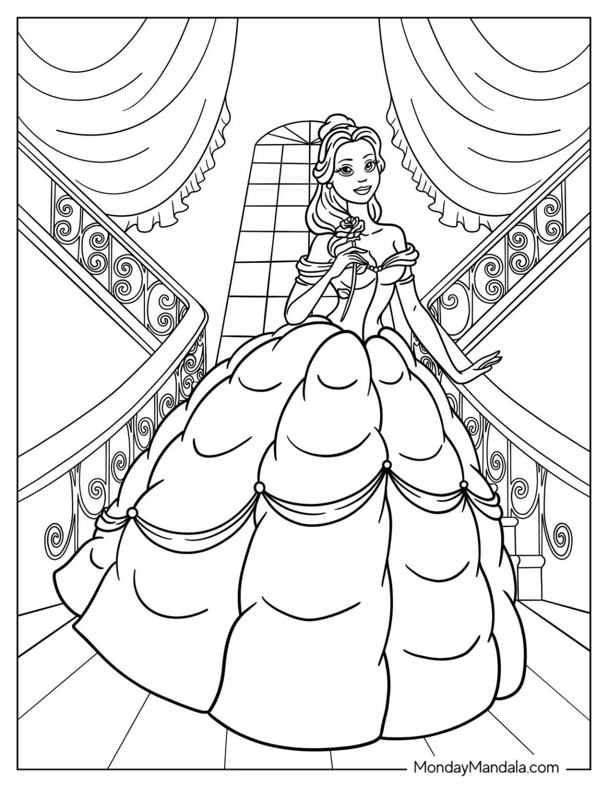 Princess Coloring Page Of Belle Holding Rose On Staircase coloring page — printable line art