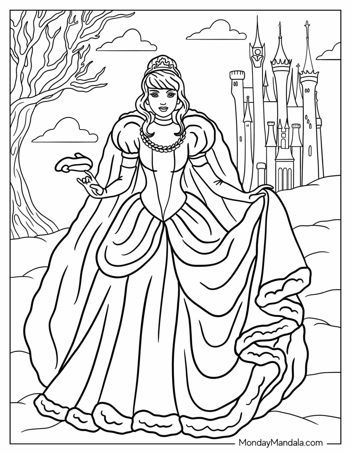 Princess Coloring Page Of Cinderella Outside Of Castle Holding Glass Slipper coloring page — printable line art