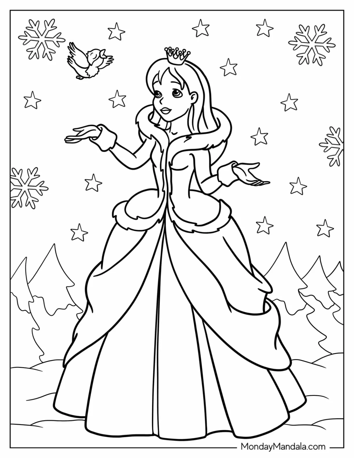 Princess Coloring Page Of Listening To A Bird In Winter coloring page