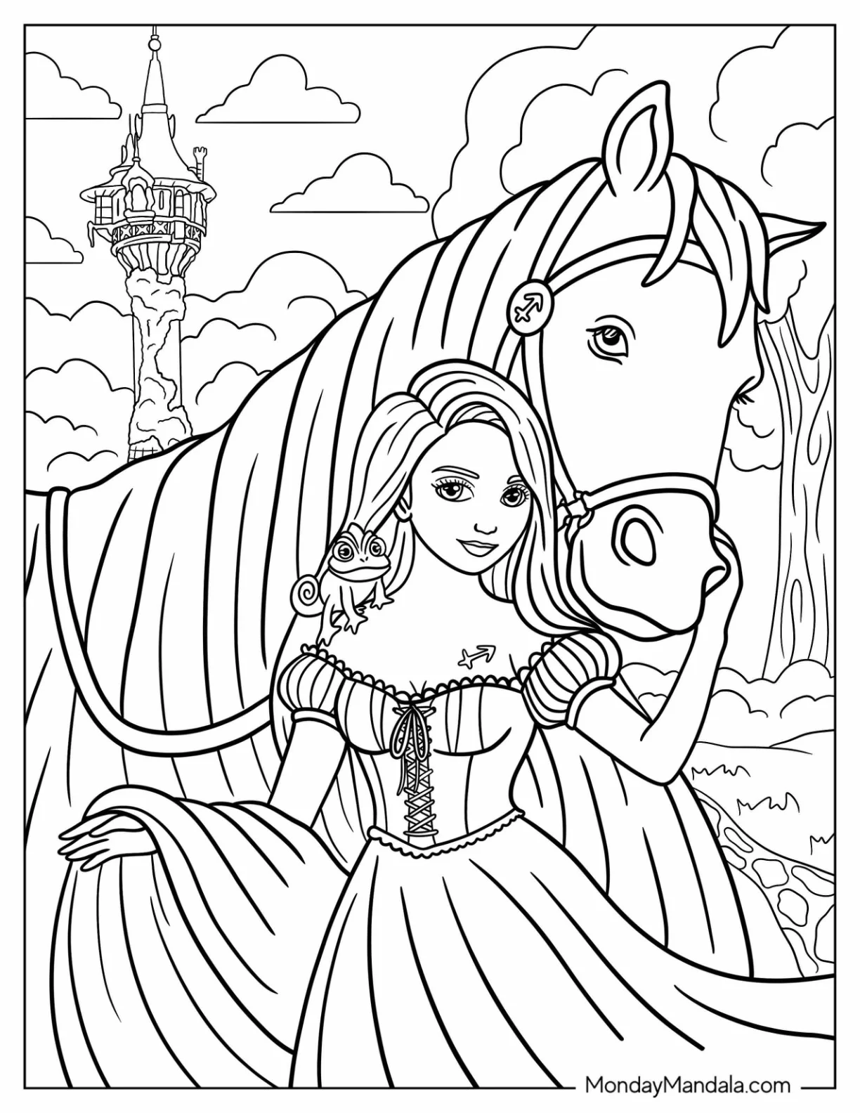 Princess Coloring Page Of Rapunzel With Pascal And Maximus Tangled coloring page — printable line art