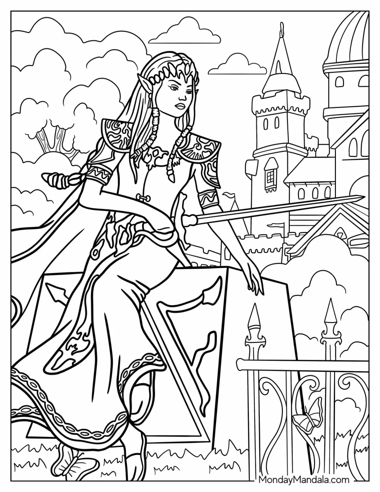 Princess Coloring Page Of Realistic Princess Zelda Holding Sword coloring page — printable line art