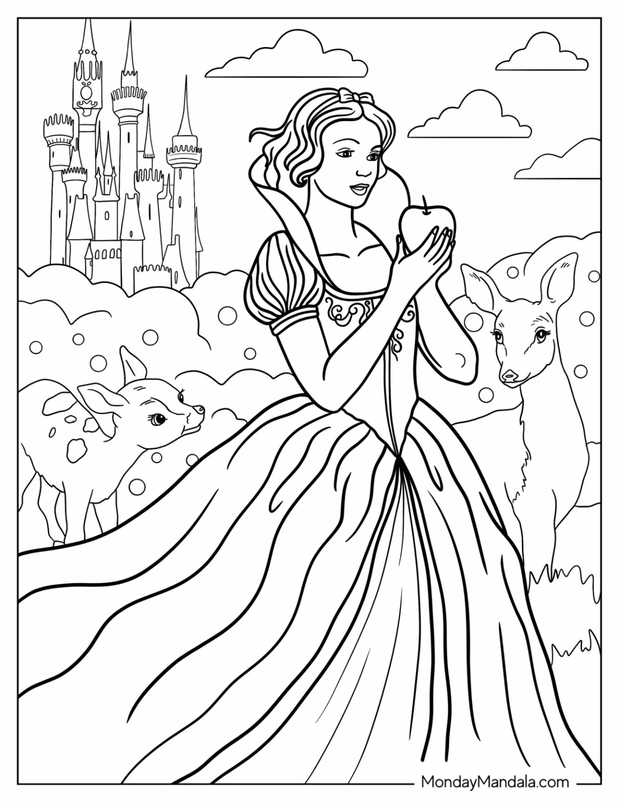 Princess Coloring Page Of Realistic Snow White Holding Apple coloring page — printable line art