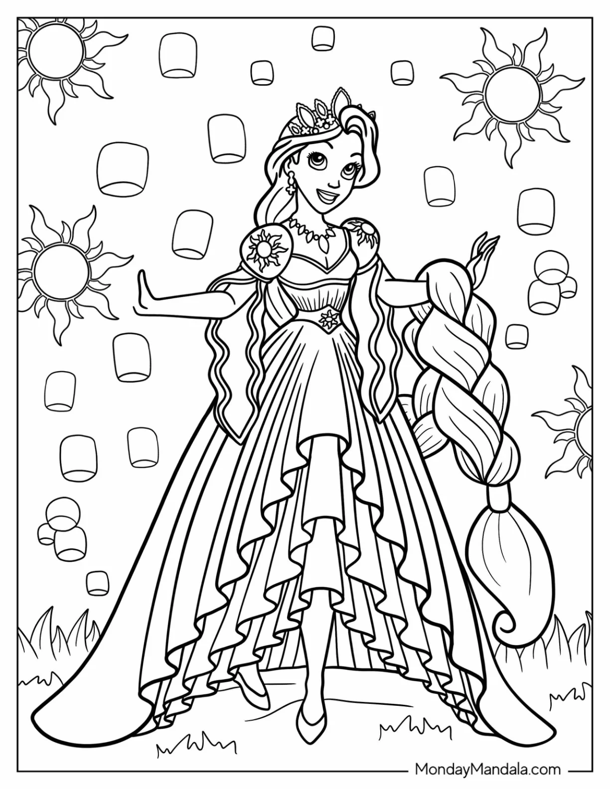Princess Coloring Page Of Tangled Princess Rapunzel With Lanterns In Background coloring page