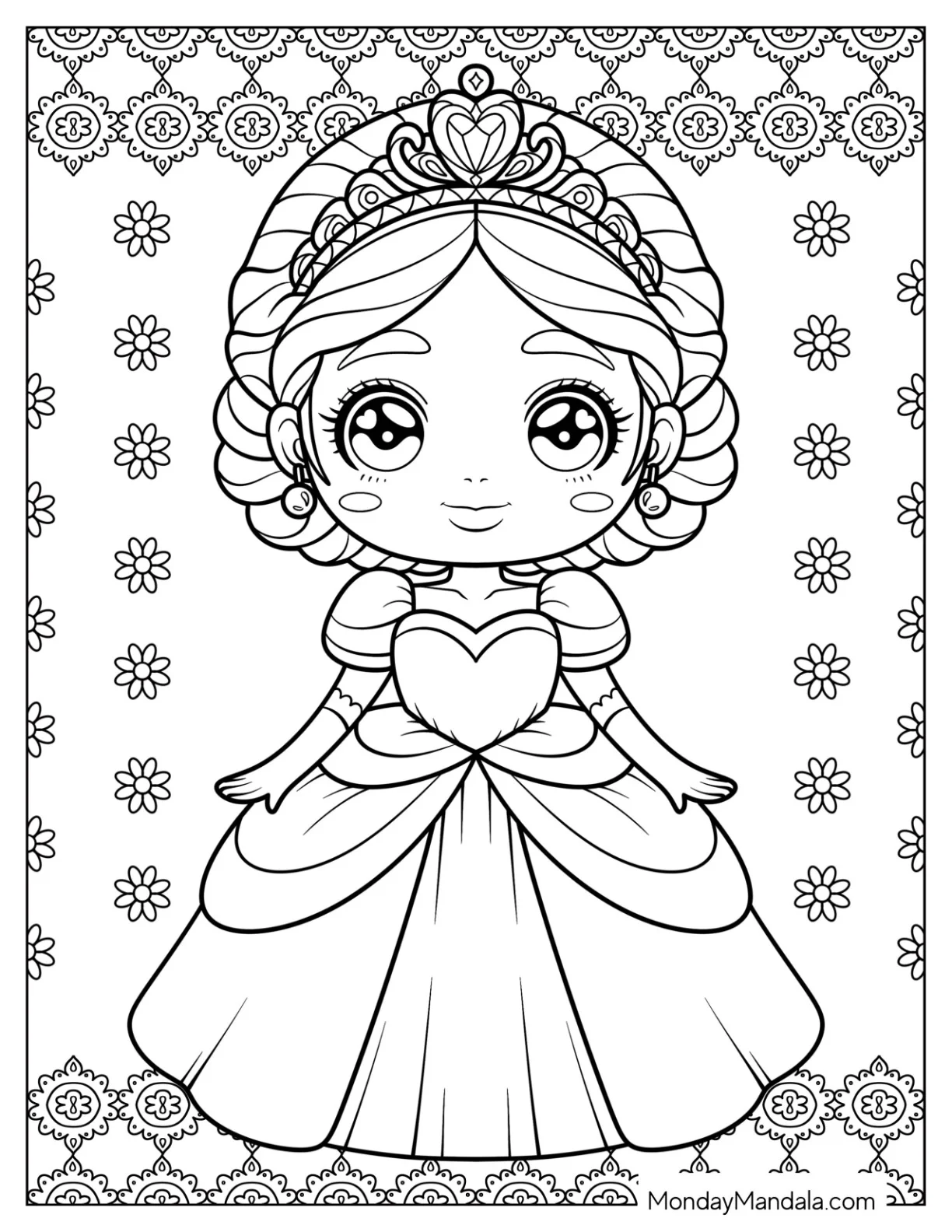 Princess Coloring Page Standing Tall in Royal Gown for Kids coloring page