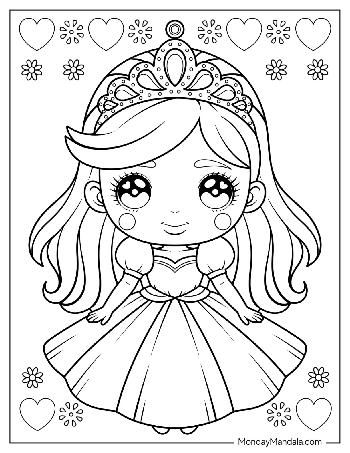 Princess Coloring Page with Big Eyes and Royal Crown Surrounded by Hearts coloring page — printable line art