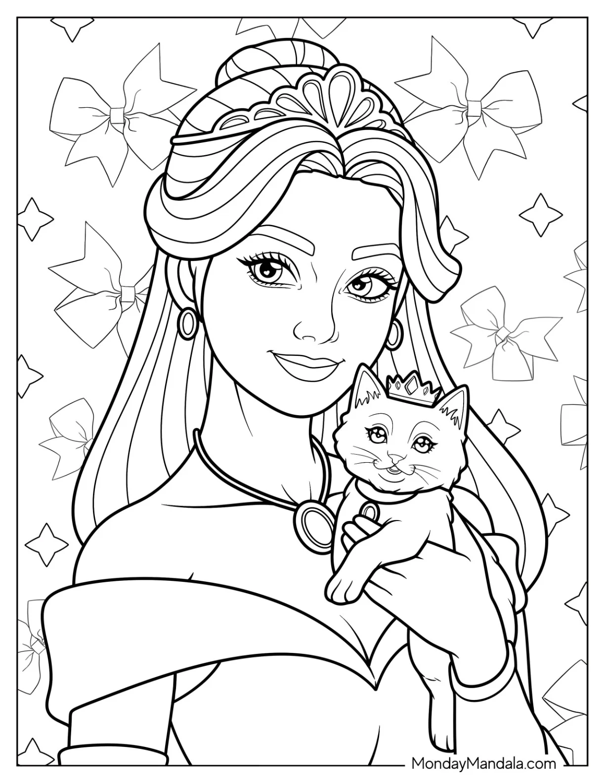 Radiant Princess Coloring Page with Sparkling Tiara Carrying a Kitten coloring page — printable line art