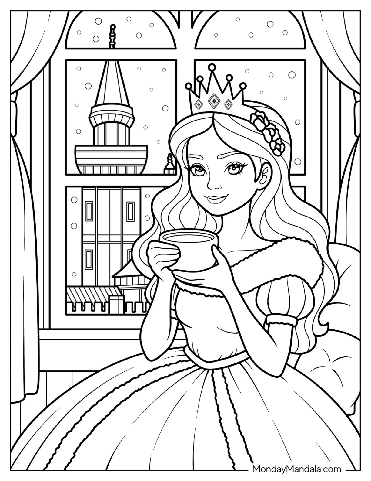 Relaxed Princess Coloring Page Drinking Tea by the Castle Window coloring page — printable line art