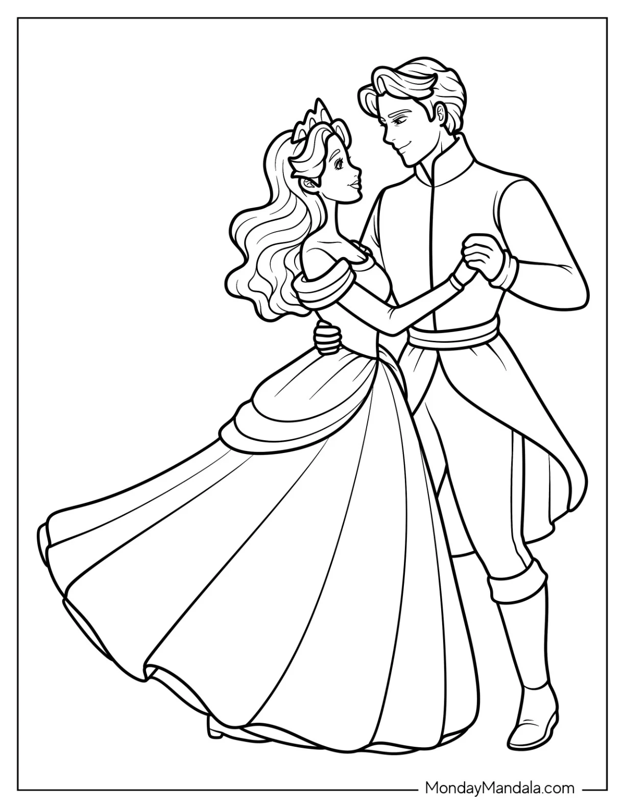 Romantic Princess Coloring Page Dancing with Prince in Flowing Gown for Kids coloring page