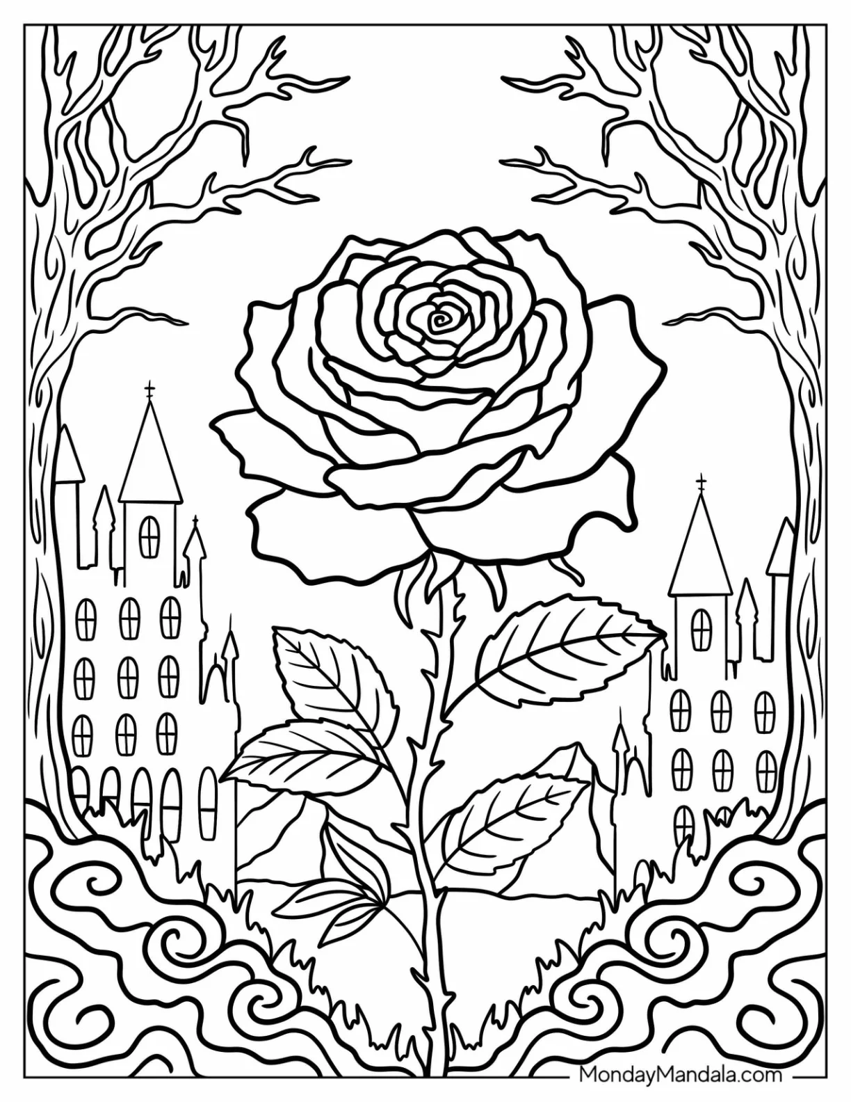 A Single Rose Coloring Page in Medieval Setting with Castles and Dead Trees coloring page